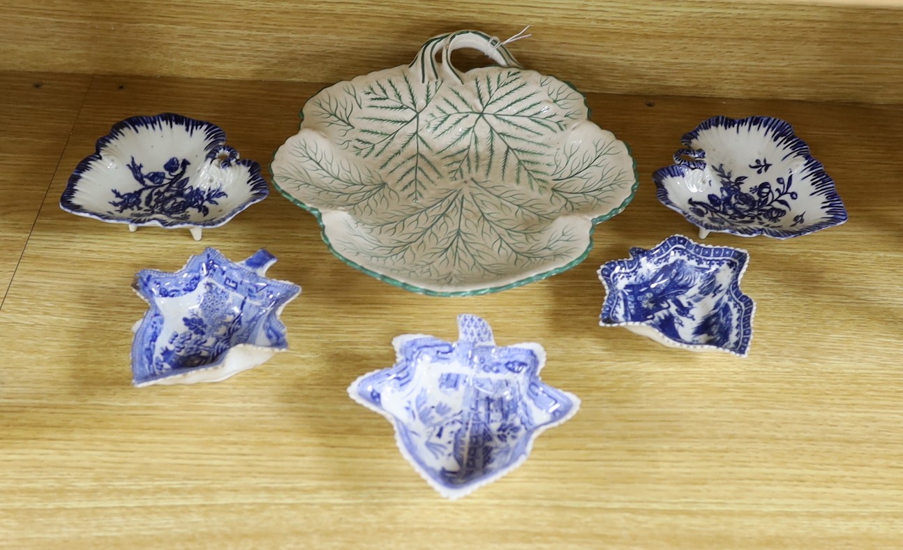 A group of late 18th century Liverpool porcelain leaf pickle dishes, and later pearlware leaf dishes